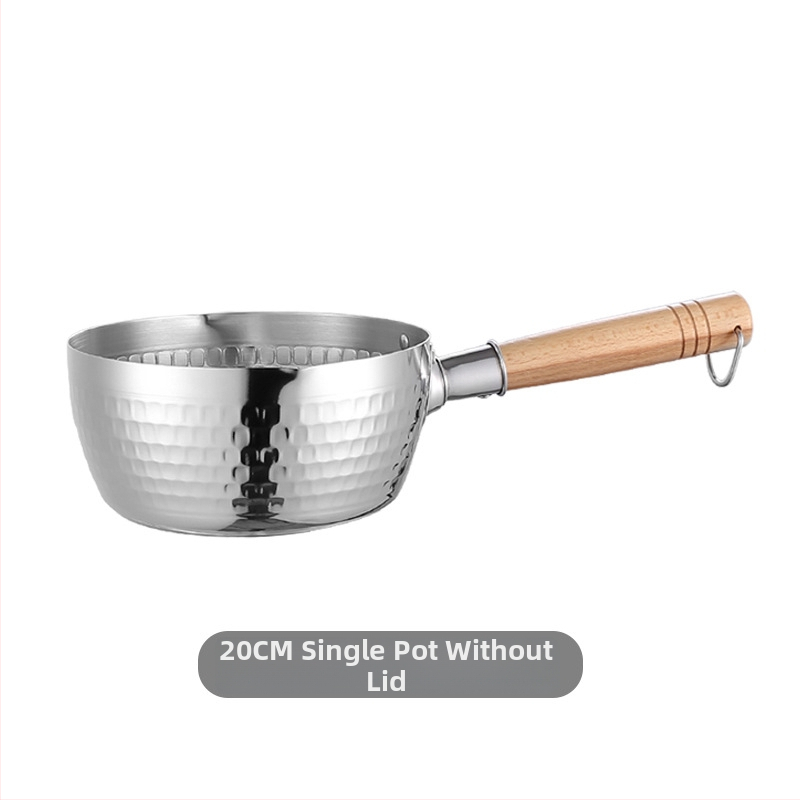 304 nerūdijančio plieno pieno puodas su medine rankena, be dengimo, stiklinis dangtelis, viengubo dugno