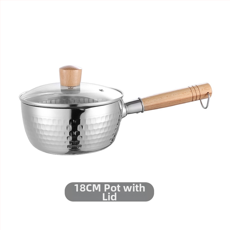 304 nerūdijančio plieno pieno puodas su medine rankena, be dengimo, stiklinis dangtelis, viengubo dugno