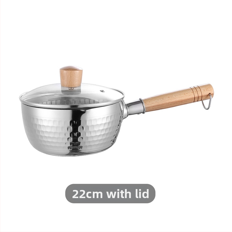 304 nerūdijančio plieno pieno puodas su medine rankena, be dengimo, stiklinis dangtelis, viengubo dugno