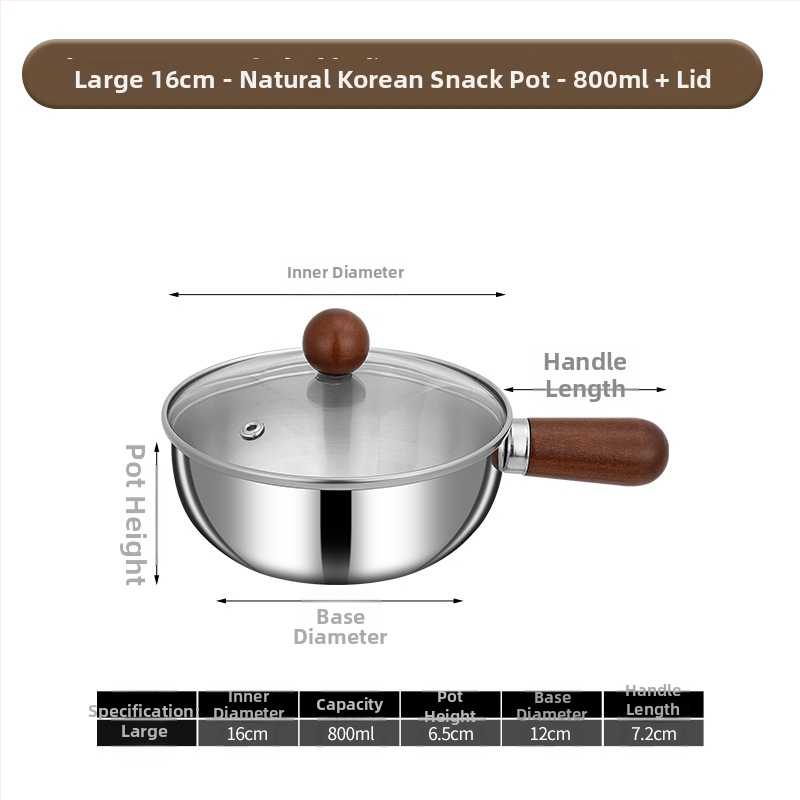 304 nerūdijančio plieno pieno puodas su medine rankena, be dengimo, stiklinis dangtelis, viengubo dugno