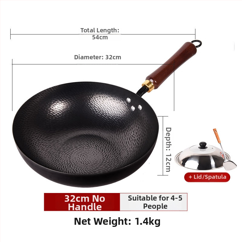 Kalta geležies wok be dangos, neprilipantis paviršius, plokščias dugnas, nerūdijančio plieno dangtis