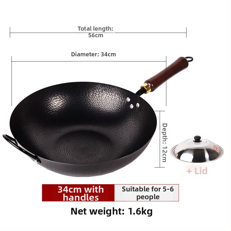 Kalta geležies wok be dangos, neprilipantis paviršius, plokščias dugnas, nerūdijančio plieno dangtis