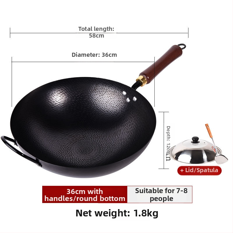 Kalta geležies wok be dangos, neprilipantis paviršius, plokščias dugnas, nerūdijančio plieno dangtis