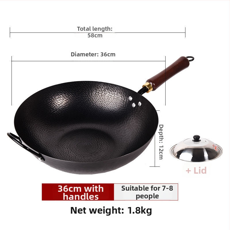 Kalta geležies wok be dangos, neprilipantis paviršius, plokščias dugnas, nerūdijančio plieno dangtis