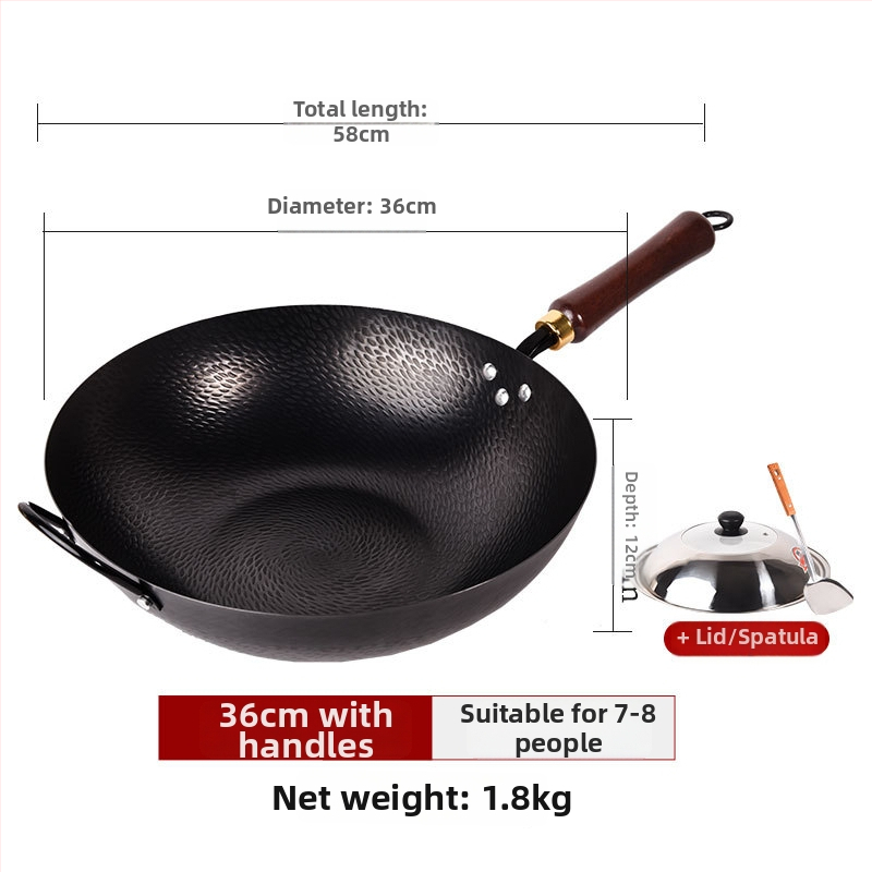 Kalta geležies wok be dangos, neprilipantis paviršius, plokščias dugnas, nerūdijančio plieno dangtis