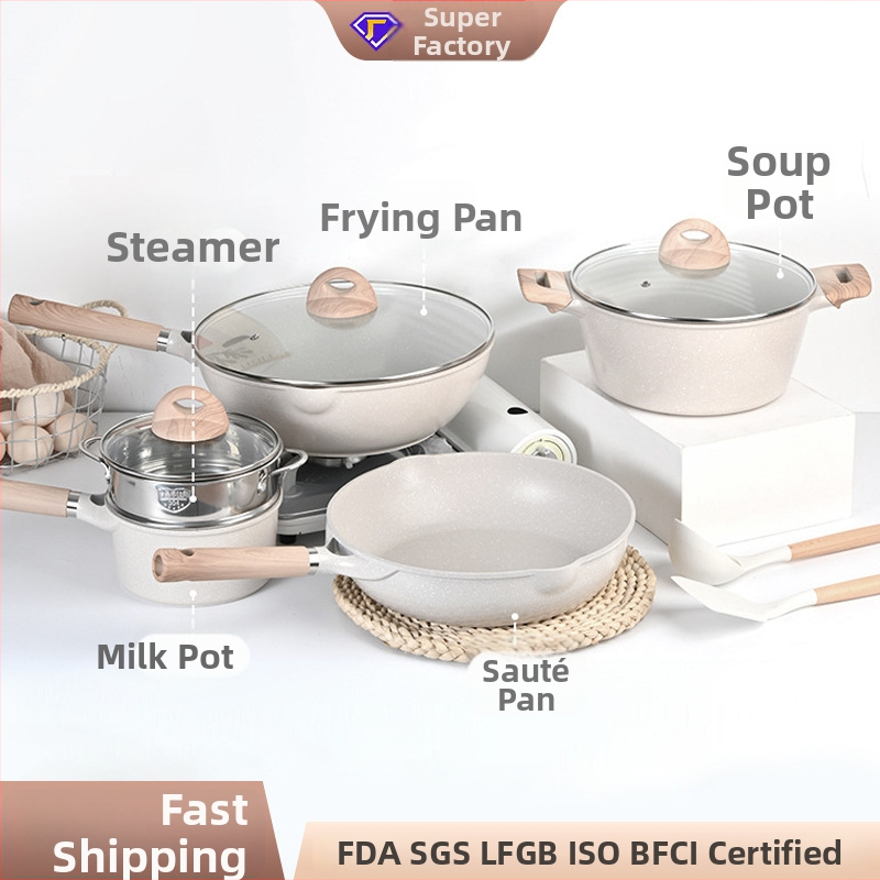 Aliuminio virtuvės indų rinkinys su medicinine akmeniu, neprilimpančios keptuvės, daugiasluoksnis dugnas, stiklinis dangtelis