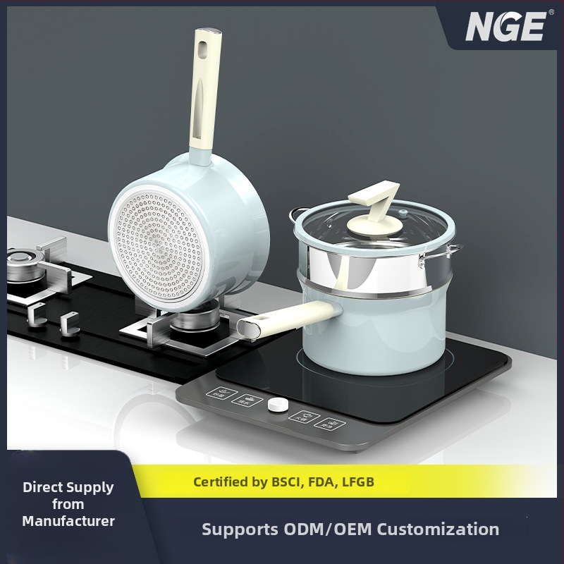 Pieninis puodas su nelipniu paviršiumi, aliuminio lydinio korpusas, antibakterinis keraminis paviršius, stiklinis dangtis, daugiasluoksnė dugna