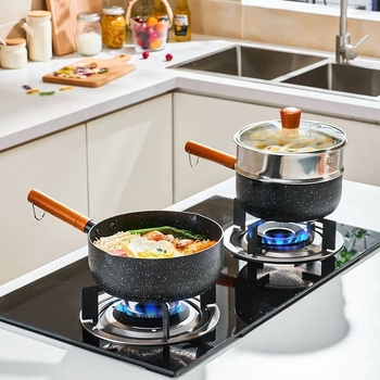 Pieninis puodas iš geležies su nelipnia danga, modelis NG001, stiklo dangtelis