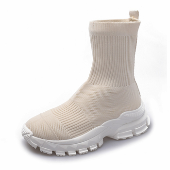 2025 m. pavasario nauji korėjietiško stiliaus madingi aulinukai iki kulkšnių, „Flyknit“ storo pado, elastinės kojinės, megzti sportiniai laisvalaikio batai moterims