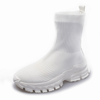 2025 m. pavasario nauji korėjietiško stiliaus madingi aulinukai iki kulkšnių, „Flyknit“ storo pado, elastinės kojinės, megzti sportiniai laisvalaikio batai moterims