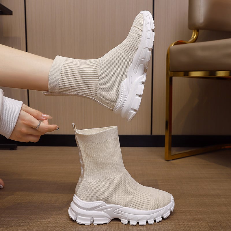 2025 m. pavasario nauji korėjietiško stiliaus madingi aulinukai iki kulkšnių, „Flyknit“ storo pado, elastinės kojinės, megzti sportiniai laisvalaikio batai moterims