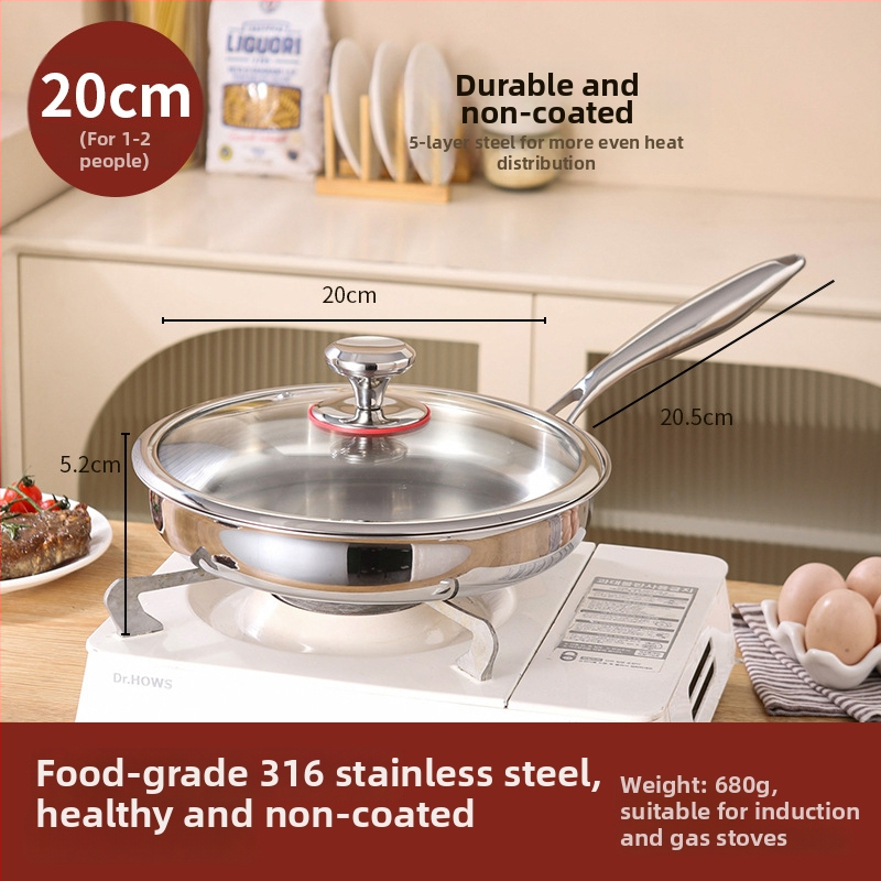 Keptuvė su plokščiu dugnu iš 316 nerūdijančio plieno, be dangos, maisto kokybės, sutirštinta, suderinama su indukcine virykle