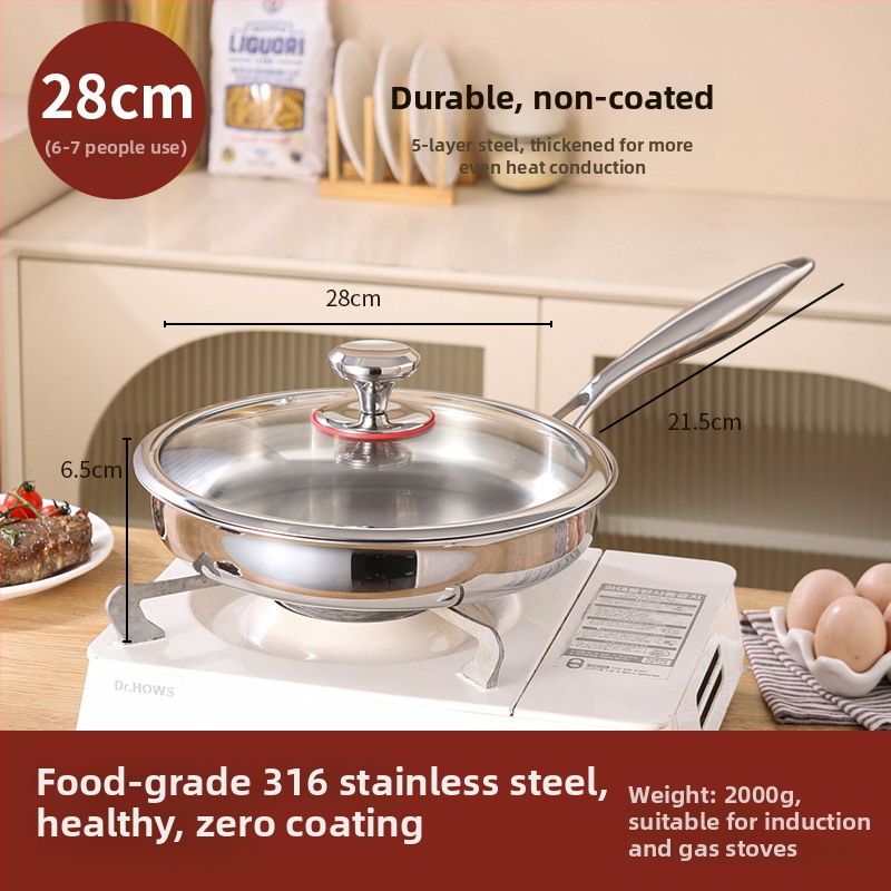 Keptuvė su plokščiu dugnu iš 316 nerūdijančio plieno, be dangos, maisto kokybės, sutirštinta, suderinama su indukcine virykle