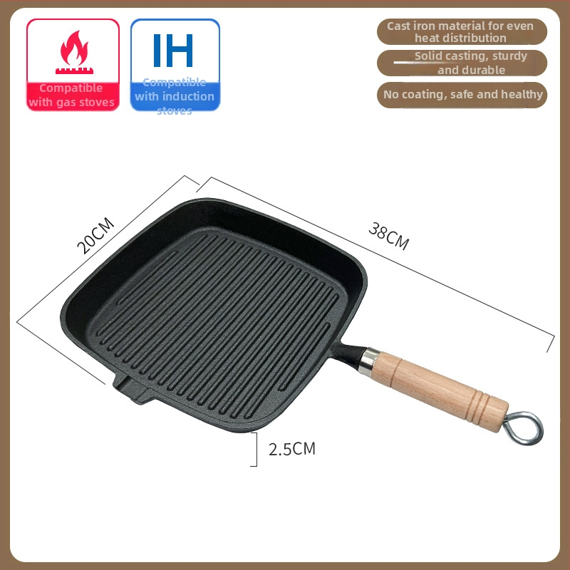 Kepimo keptuvė su plokščiu dugnu iš ketaus, NPJG modelis, 3 cm gylis, 1 kg svoris, be dūmų