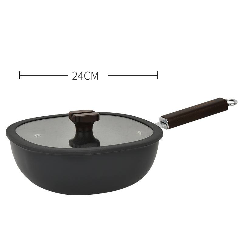 Kvadratni wok tiganj s neprijanjajućim premazom, ferro-titan materijal, višeslojno dno, stakleni poklopac, model AKX001