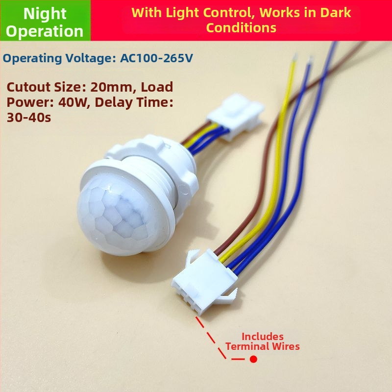 Infraraudonųjų spindulių žmogaus jutiklio modulis su išmaniu vėlinamuoju apšvietimo valdymu, su šviesos jutikliu; vėlinimo laikas 30–40 s; įtampa 110–240 V AC arba 12–36 V DC; tinka spintoms, muilo dozatoriams, apšvietimui