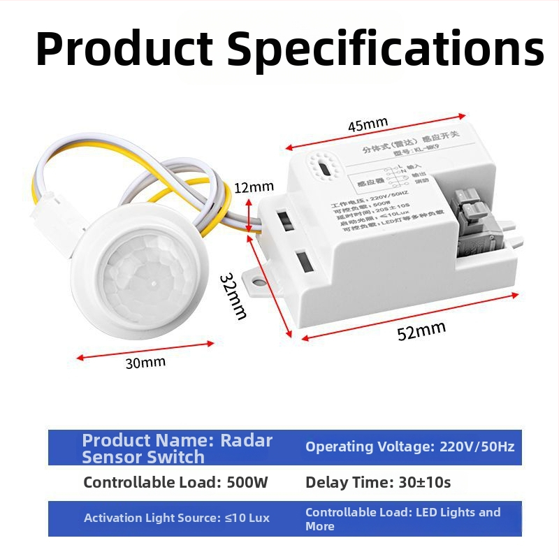 Infraraudonųjų spindulių žmogaus jutiklio modulis su išmaniu vėlinamuoju apšvietimo valdymu, su šviesos jutikliu; vėlinimo laikas 30–40 s; įtampa 110–240 V AC arba 12–36 V DC; tinka spintoms, muilo dozatoriams, apšvietimui