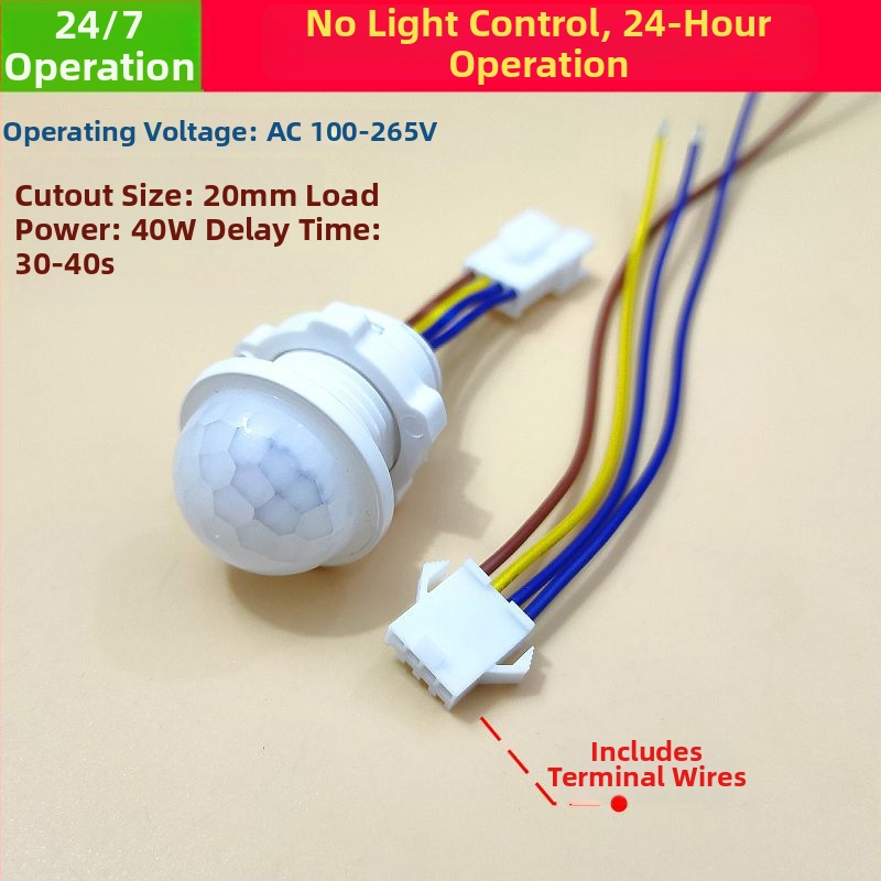 Infraraudonųjų spindulių žmogaus jutiklio modulis su išmaniu vėlinamuoju apšvietimo valdymu, su šviesos jutikliu; vėlinimo laikas 30–40 s; įtampa 110–240 V AC arba 12–36 V DC; tinka spintoms, muilo dozatoriams, apšvietimui