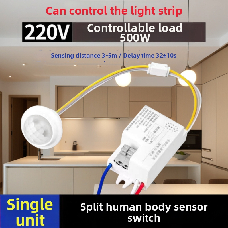 Infraraudonųjų spindulių žmogaus jutiklio modulis su išmaniu vėlinamuoju apšvietimo valdymu, su šviesos jutikliu; vėlinimo laikas 30–40 s; įtampa 110–240 V AC arba 12–36 V DC; tinka spintoms, muilo dozatoriams, apšvietimui