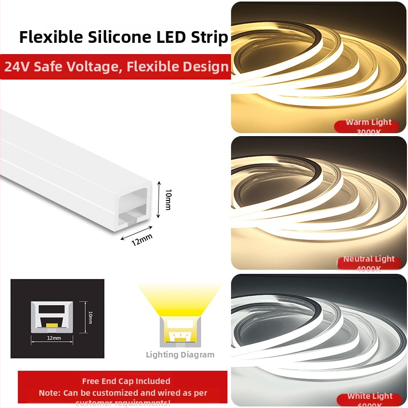 Flexibilný silikónový LED pás so 12V/24V, vodotesný, samolepiaci, zabudovaný lineárny kanál