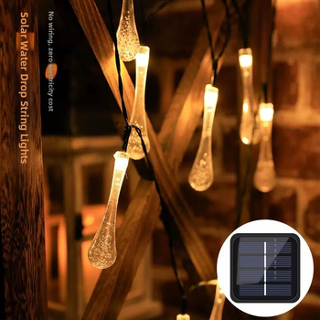 Sodo LED grandinių žibintai su saulės energija, vandens lašų forma, IP44 atsparus vandeniui, 0,06W kiekvienai LED, įėjimo įtampa ≤36V, maitinimas: saulės energija/USB/baterija, CE