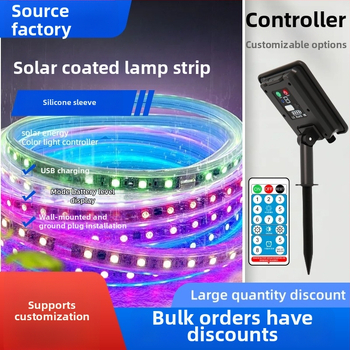 Saulės energijos LED juosta lauko kiemo dekoracijoms (Maitinimas: Saulės energija, Baterija, USB; Valdymas: mygtukas/nuotolinis; Personalizavimas)