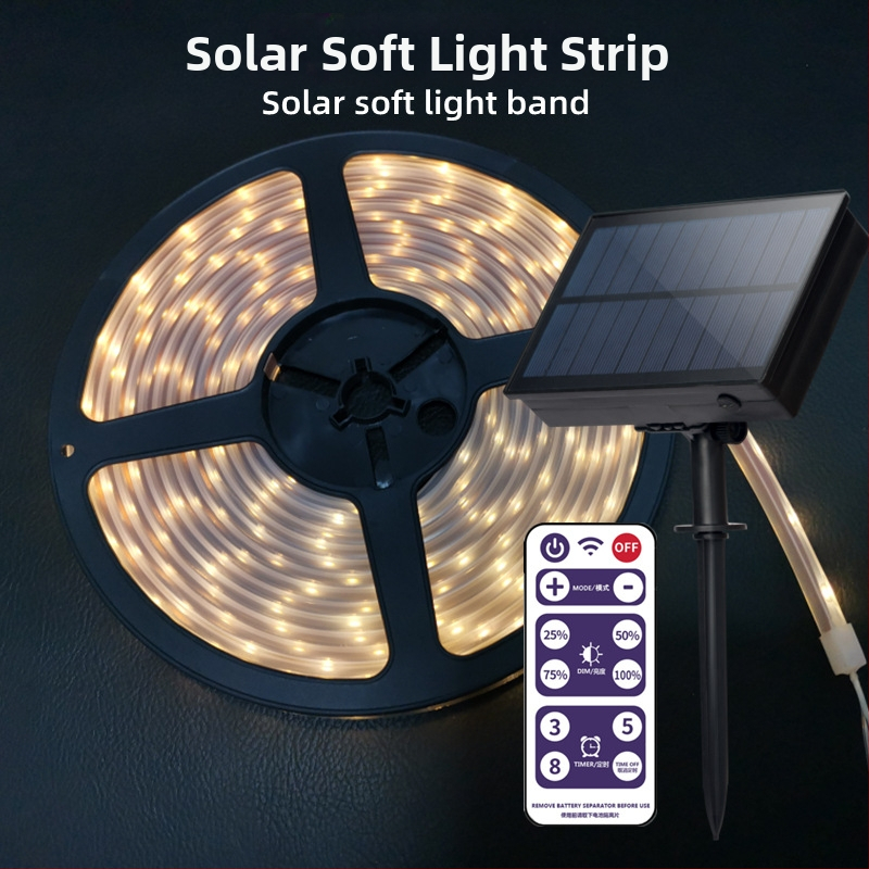 Saulės energijos LED juosta lauko kiemo dekoracijoms (Maitinimas: Saulės energija, Baterija, USB; Valdymas: mygtukas/nuotolinis; Personalizavimas)