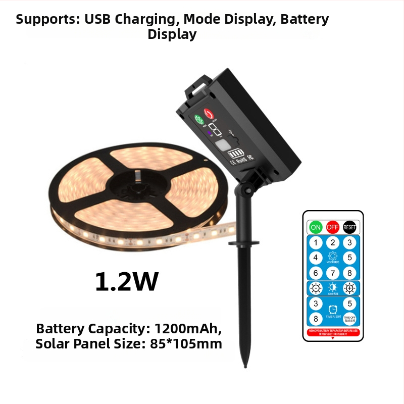 Saulės energijos LED juosta lauko kiemo dekoracijoms (Maitinimas: Saulės energija, Baterija, USB; Valdymas: mygtukas/nuotolinis; Personalizavimas)