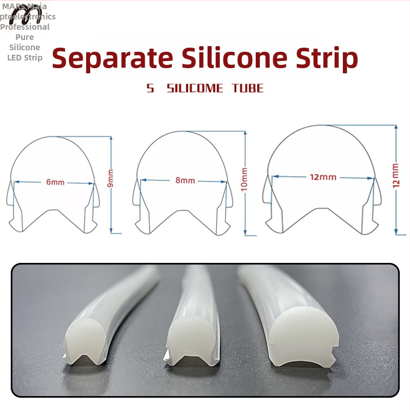 LED Jagatud Neonriba — paindlik silikoon, veekindel välireklaami valgustus; 8W/m, 5/12V, 110/120 LED (2835), valgusvihude nurk 120°, tööiga 50 000 h