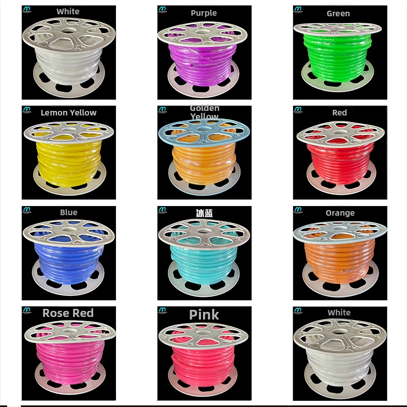 LED Padalinta Neoninė Juostelė — lankstus silikonas, atsparus vandeniui lauko reklamos apšvietimui; 8W/m, 5/12V, 110/120 LED (2835), šviesos sklaidos kampas 120°, tarnavimo laikas 50 000 val.