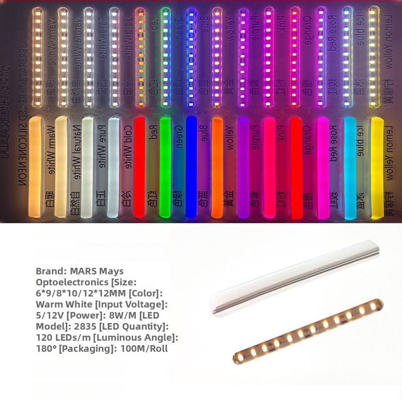 LED Jagatud Neonriba — paindlik silikoon, veekindel välireklaami valgustus; 8W/m, 5/12V, 110/120 LED (2835), valgusvihude nurk 120°, tööiga 50 000 h