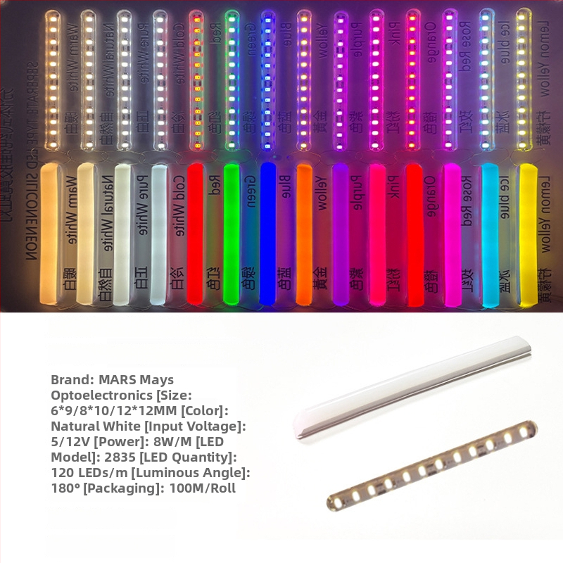 LED Jagatud Neonriba — paindlik silikoon, veekindel välireklaami valgustus; 8W/m, 5/12V, 110/120 LED (2835), valgusvihude nurk 120°, tööiga 50 000 h