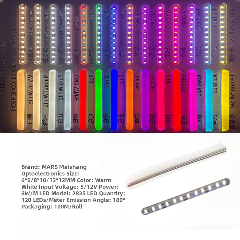 LED Jagatud Neonriba — paindlik silikoon, veekindel välireklaami valgustus; 8W/m, 5/12V, 110/120 LED (2835), valgusvihude nurk 120°, tööiga 50 000 h