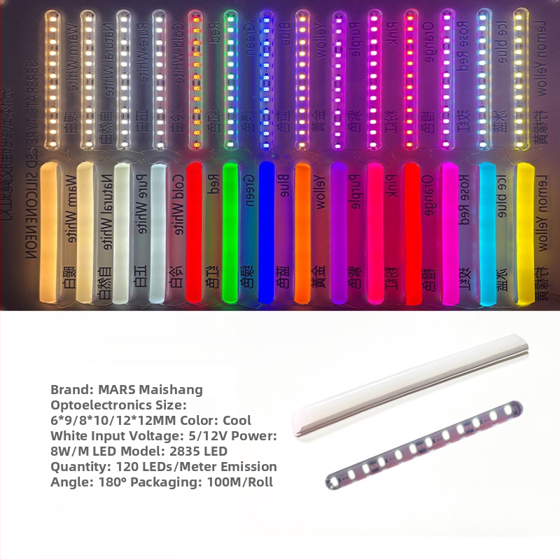 LED Jagatud Neonriba — paindlik silikoon, veekindel välireklaami valgustus; 8W/m, 5/12V, 110/120 LED (2835), valgusvihude nurk 120°, tööiga 50 000 h