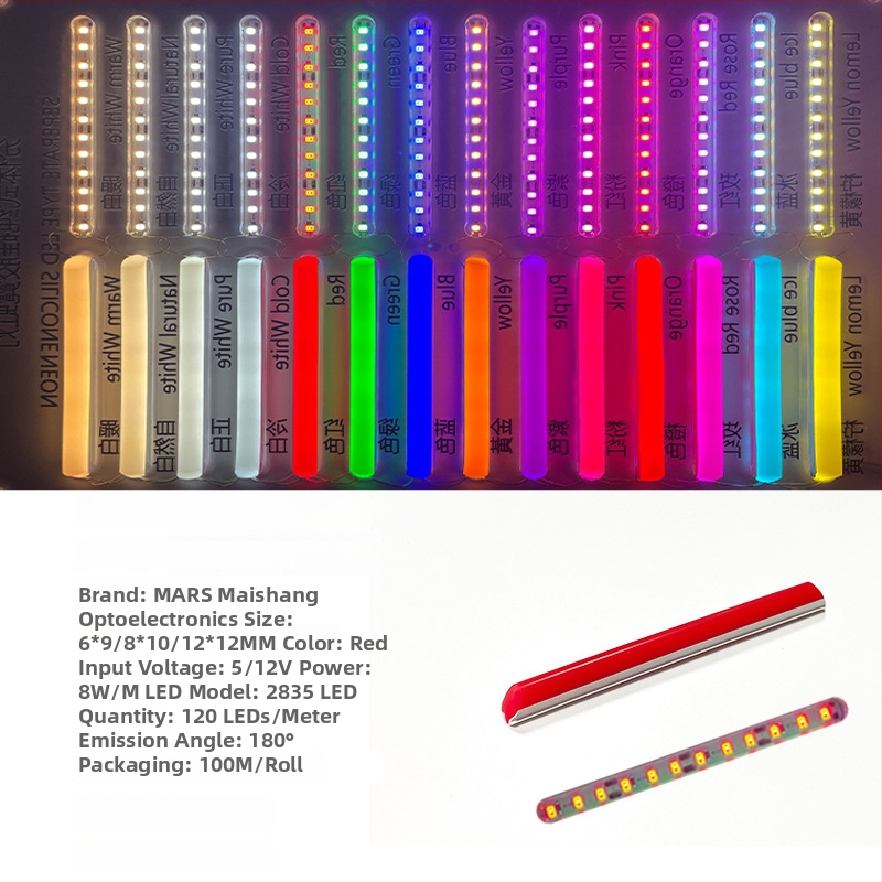 LED Jagatud Neonriba — paindlik silikoon, veekindel välireklaami valgustus; 8W/m, 5/12V, 110/120 LED (2835), valgusvihude nurk 120°, tööiga 50 000 h