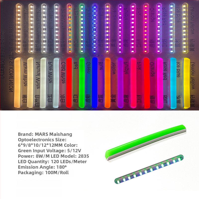 LED Jagatud Neonriba — paindlik silikoon, veekindel välireklaami valgustus; 8W/m, 5/12V, 110/120 LED (2835), valgusvihude nurk 120°, tööiga 50 000 h