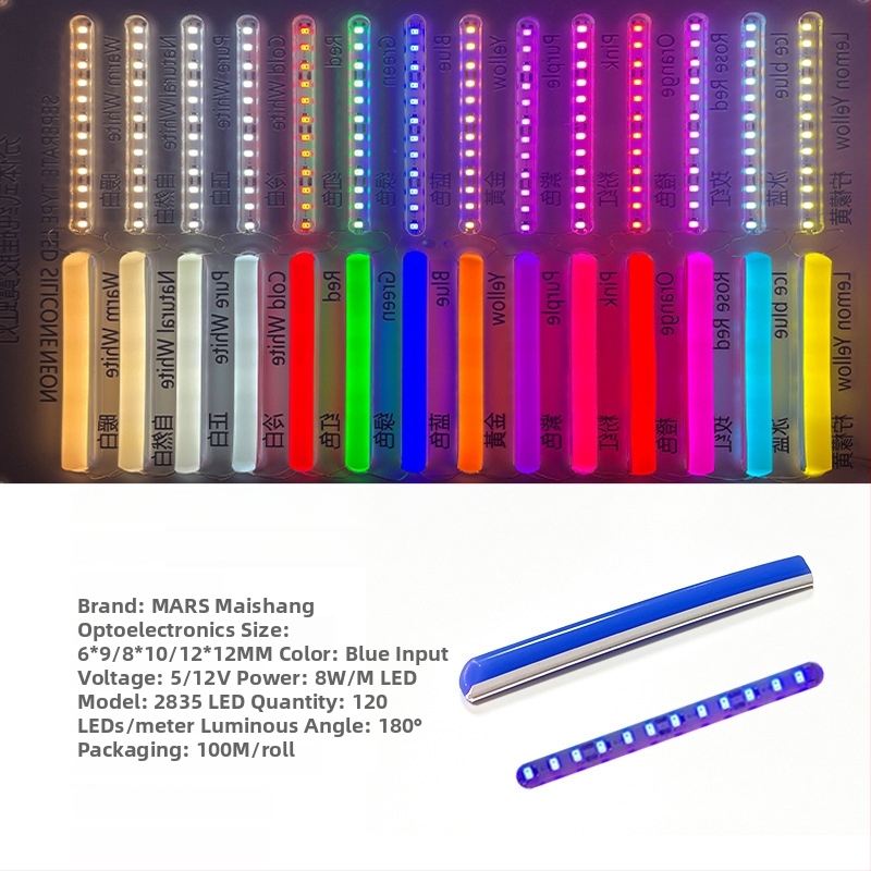 LED Jagatud Neonriba — paindlik silikoon, veekindel välireklaami valgustus; 8W/m, 5/12V, 110/120 LED (2835), valgusvihude nurk 120°, tööiga 50 000 h