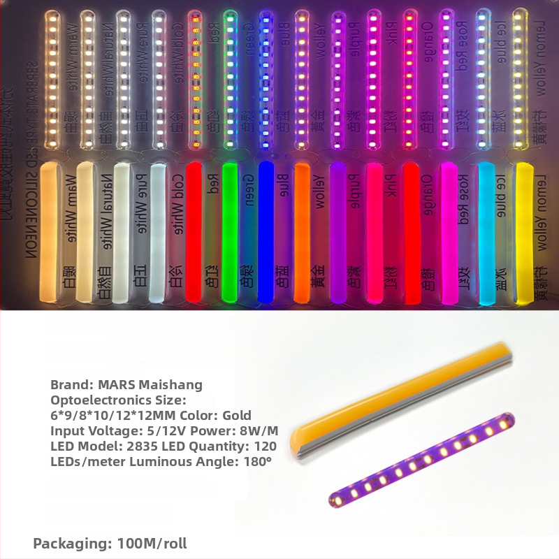 LED Jagatud Neonriba — paindlik silikoon, veekindel välireklaami valgustus; 8W/m, 5/12V, 110/120 LED (2835), valgusvihude nurk 120°, tööiga 50 000 h
