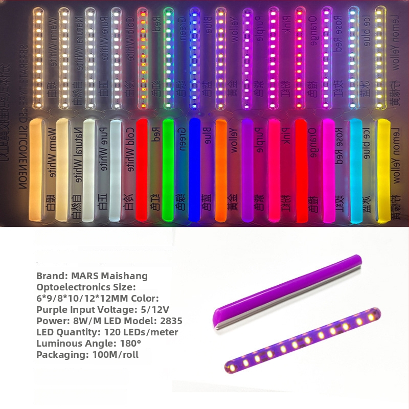 LED Jagatud Neonriba — paindlik silikoon, veekindel välireklaami valgustus; 8W/m, 5/12V, 110/120 LED (2835), valgusvihude nurk 120°, tööiga 50 000 h
