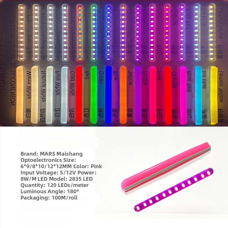 LED Jagatud Neonriba — paindlik silikoon, veekindel välireklaami valgustus; 8W/m, 5/12V, 110/120 LED (2835), valgusvihude nurk 120°, tööiga 50 000 h