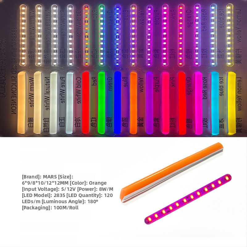 LED Jagatud Neonriba — paindlik silikoon, veekindel välireklaami valgustus; 8W/m, 5/12V, 110/120 LED (2835), valgusvihude nurk 120°, tööiga 50 000 h