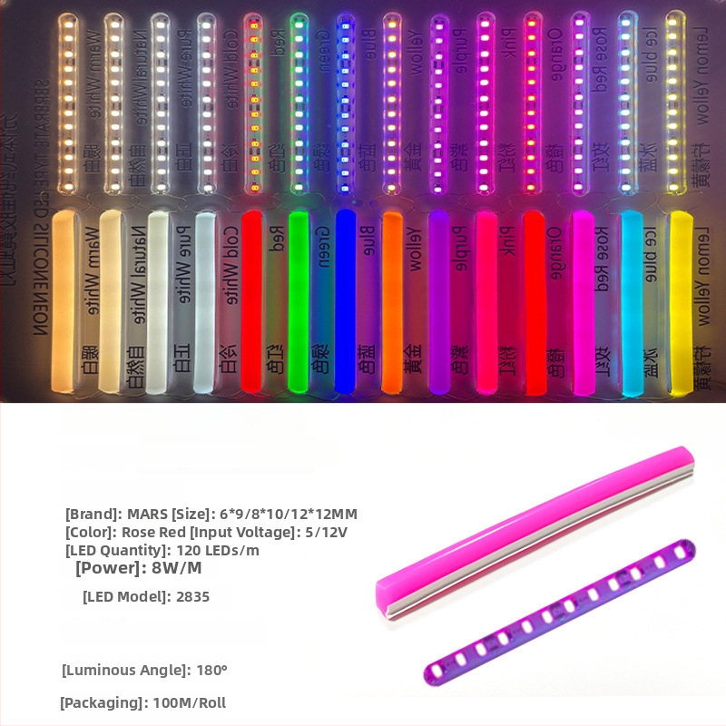 LED Jagatud Neonriba — paindlik silikoon, veekindel välireklaami valgustus; 8W/m, 5/12V, 110/120 LED (2835), valgusvihude nurk 120°, tööiga 50 000 h