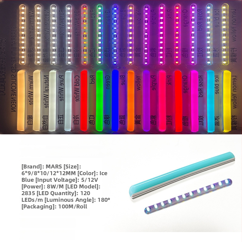 LED Jagatud Neonriba — paindlik silikoon, veekindel välireklaami valgustus; 8W/m, 5/12V, 110/120 LED (2835), valgusvihude nurk 120°, tööiga 50 000 h