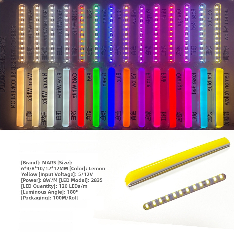 LED Jagatud Neonriba — paindlik silikoon, veekindel välireklaami valgustus; 8W/m, 5/12V, 110/120 LED (2835), valgusvihude nurk 120°, tööiga 50 000 h