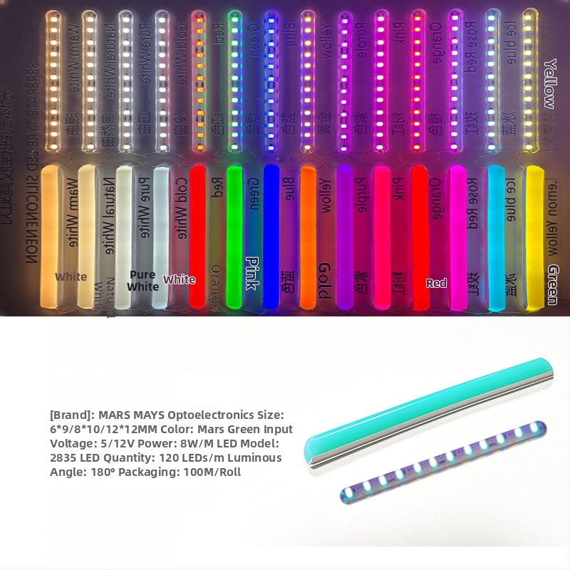LED Jagatud Neonriba — paindlik silikoon, veekindel välireklaami valgustus; 8W/m, 5/12V, 110/120 LED (2835), valgusvihude nurk 120°, tööiga 50 000 h