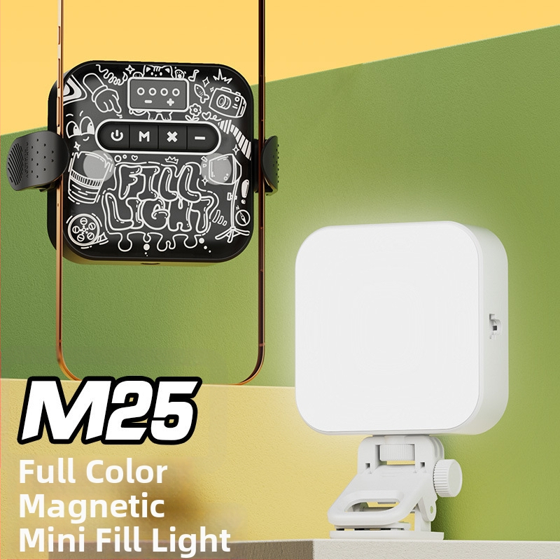 Prenosné svetlo na fotografovanie M25 pre telefón a kameru — 3,7V, batéria 18650, nastaviteľný jas.