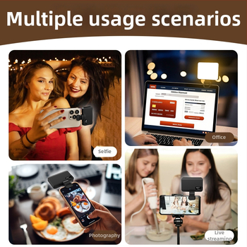 LED apšvietimas selfiams ir vaizdo skambučiams, reguliuojama spalvos temperatūra 2500K–9900K, galia iki 10W, įėjimas 5V/2A, modelis XJ102