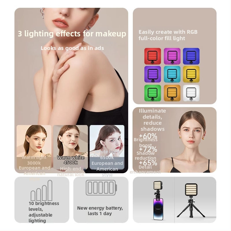 LED papildomas apšvietimas LA101 - 7W, 5V, šilta šviesa 2700-3500K, trys spalvų temperatūros, nešiojamas mobiliųjų telefonų fotografijai