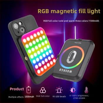 Magnetinė LED šviesa mobiliems telefonams, nešiojamas rankinis apšvietimas live ir selfie, 5W, įmontuota baterija, modelis W80RGB