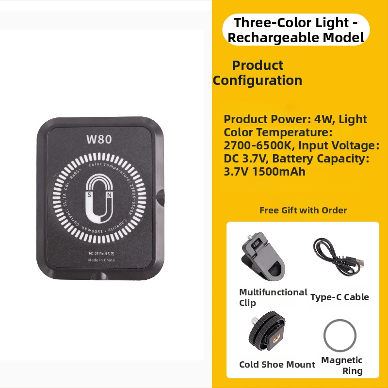 Magnetinė LED šviesa mobiliems telefonams, nešiojamas rankinis apšvietimas live ir selfie, 5W, įmontuota baterija, modelis W80RGB